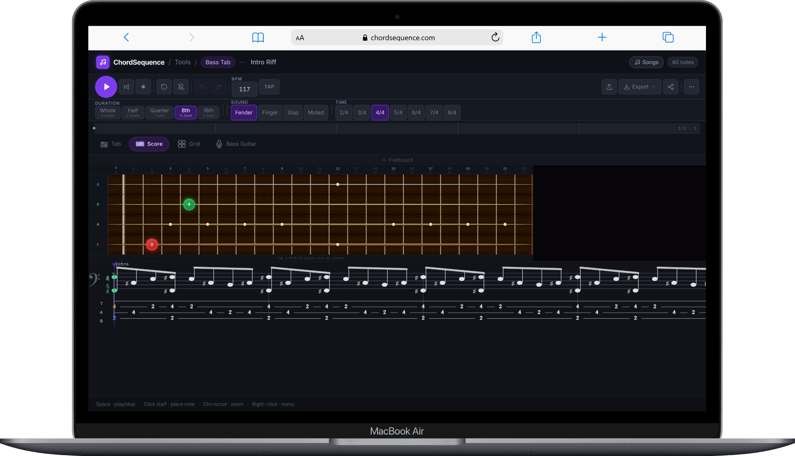 Chord Sequence Bass Tab Player showing the notation and tab view synced to an interactive fretboard