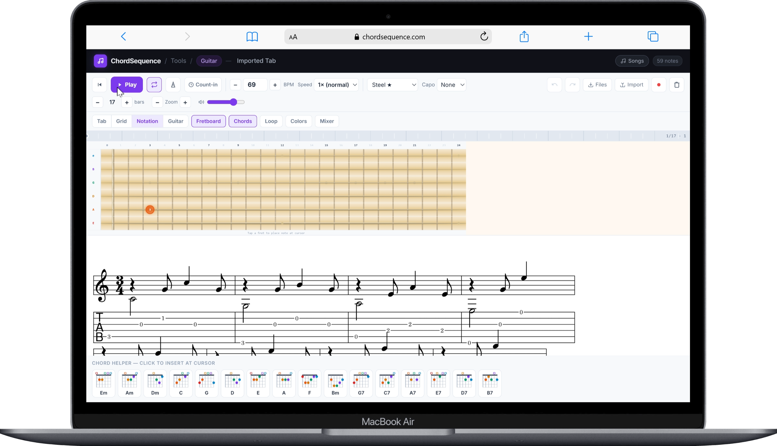 Chord Sequence Guitar Tab Player showing the notation and tab view with a Chord Helper panel