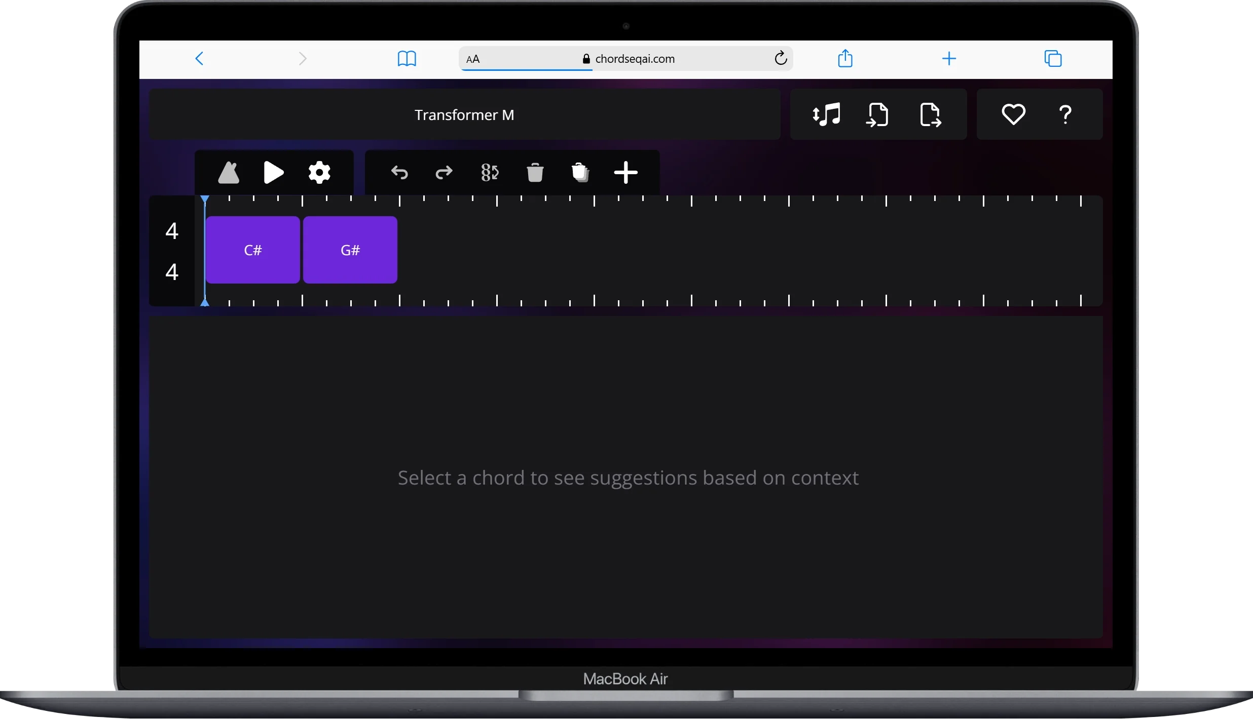 ChordSeq AI interface showing AI chord progression generation in the browser