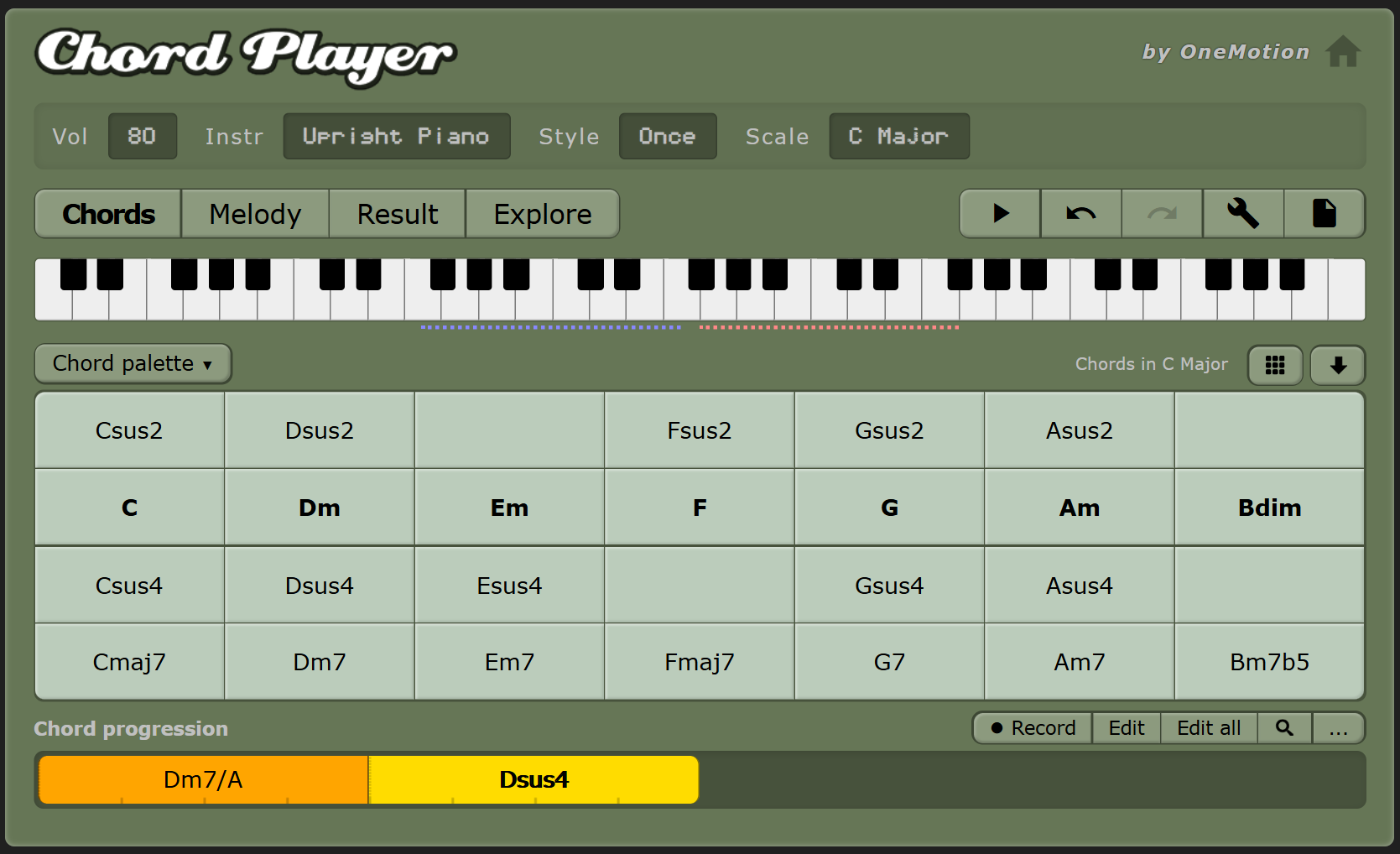 OneMotion Chord Player interface showing chords and scales in the browser