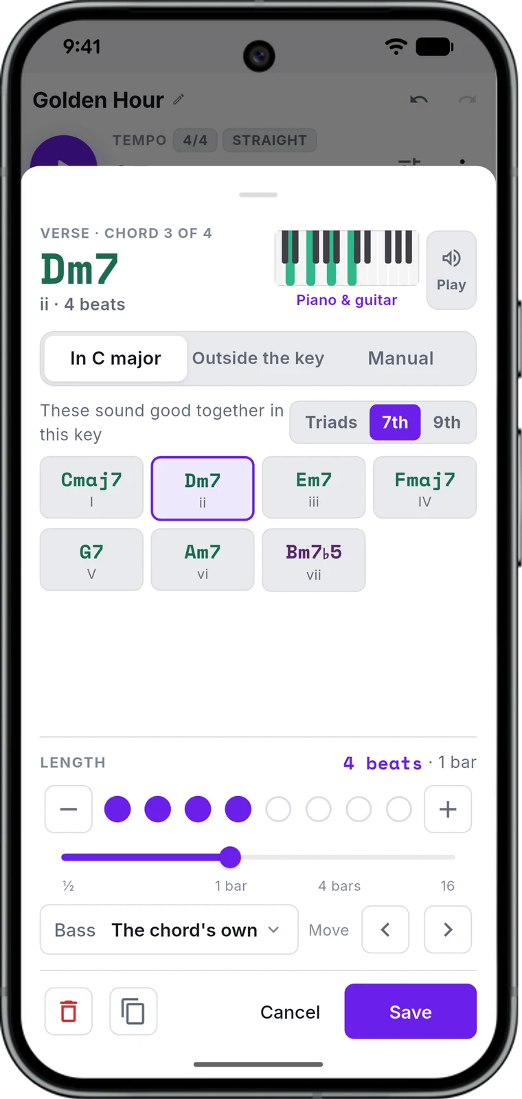 The chord editor, showing the chords of the key, the length of the chord and its bass note