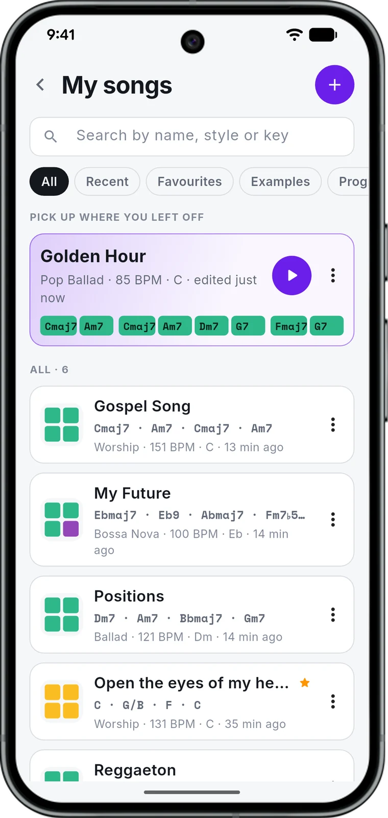 The song library, with search, filters and songs to start from