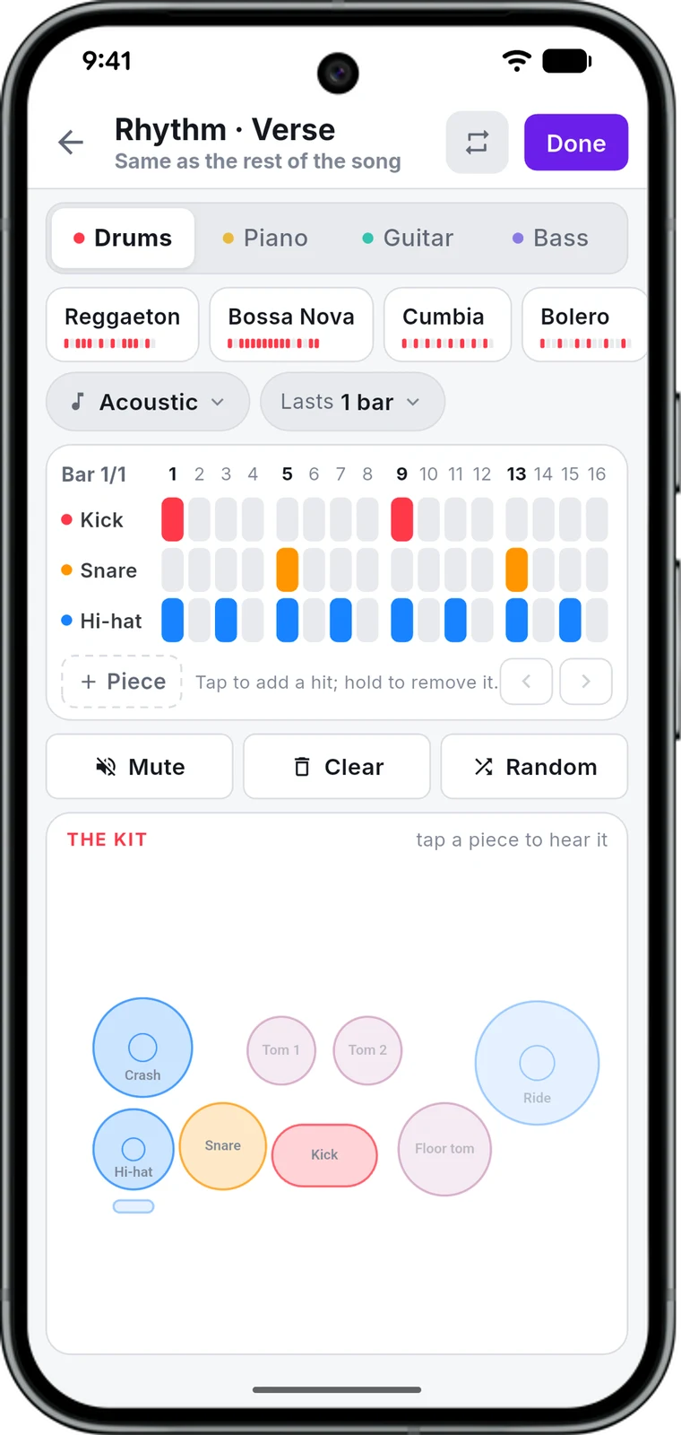 The rhythm editor, with a step grid for kick, snare, hi-hat and ride and a drawing of the kit