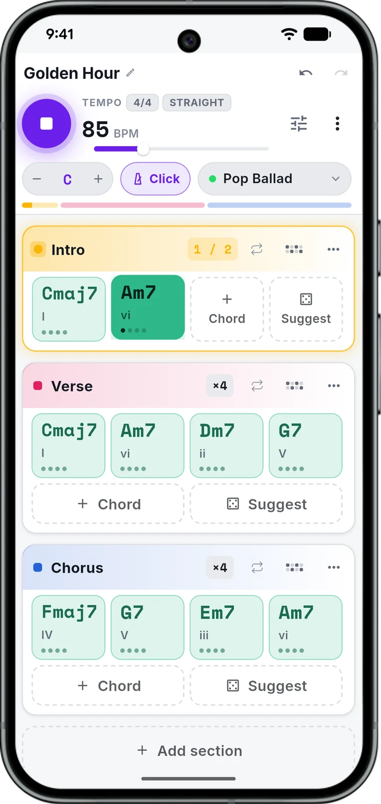 Chord Player playing a song: Intro, Verse and Chorus, with the sounding chord lit up